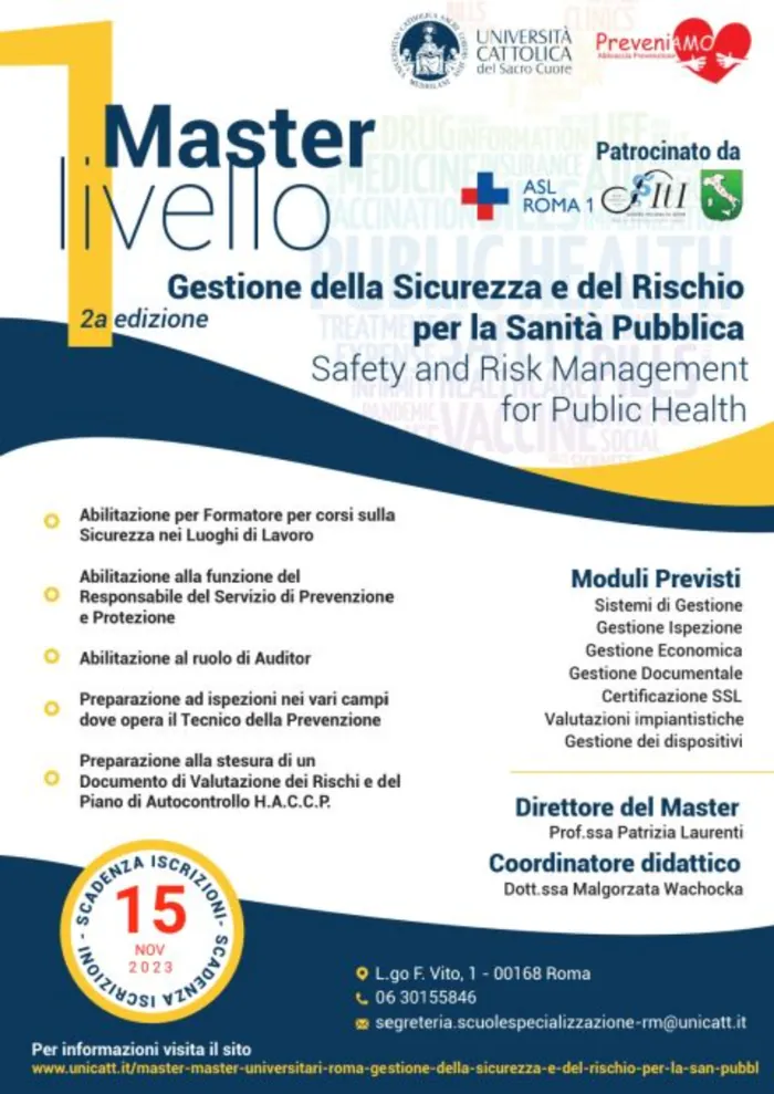 Poster for the Master's in Safety and Risk Management for Public Health at Università Cattolica