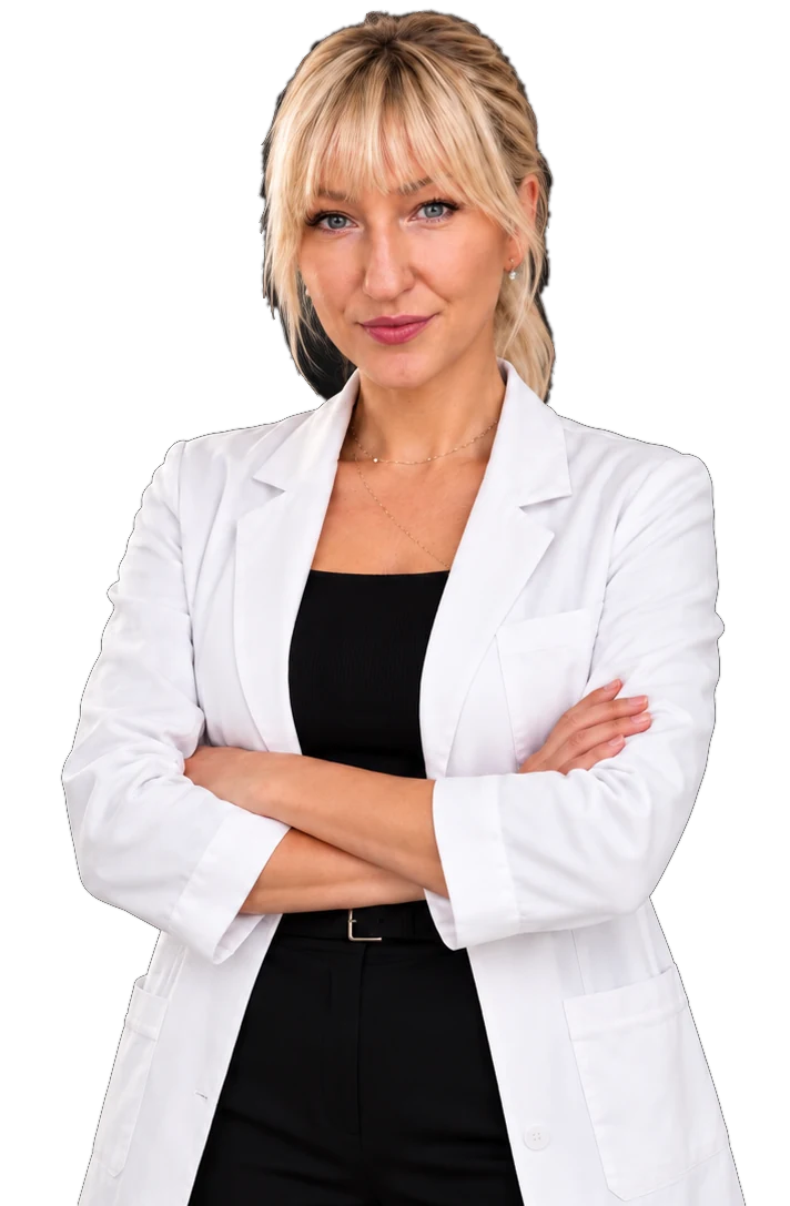 Małgorzata Wachocka in a white lab coat, arms crossed